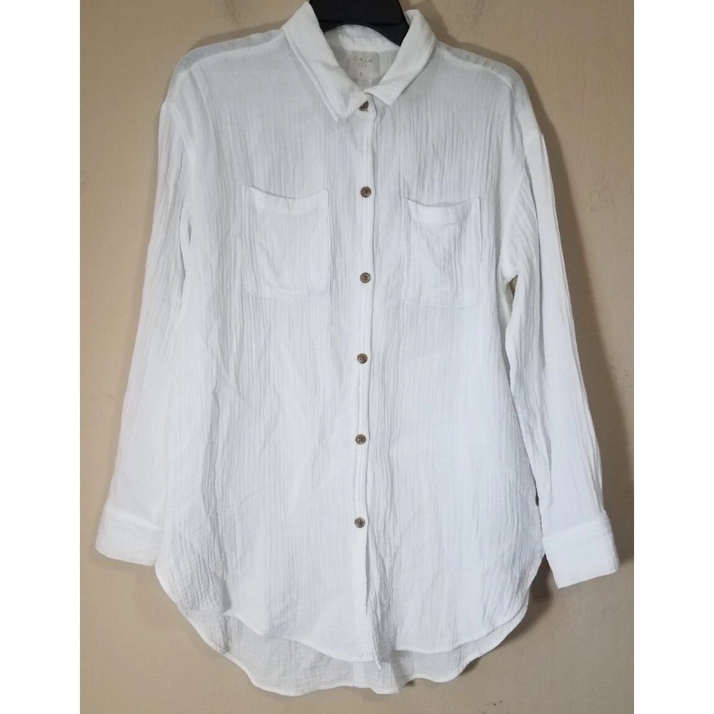 Calia Tunic Shirt Cotton Gauze Small S Long Sleeve Button White Cover Up Boho